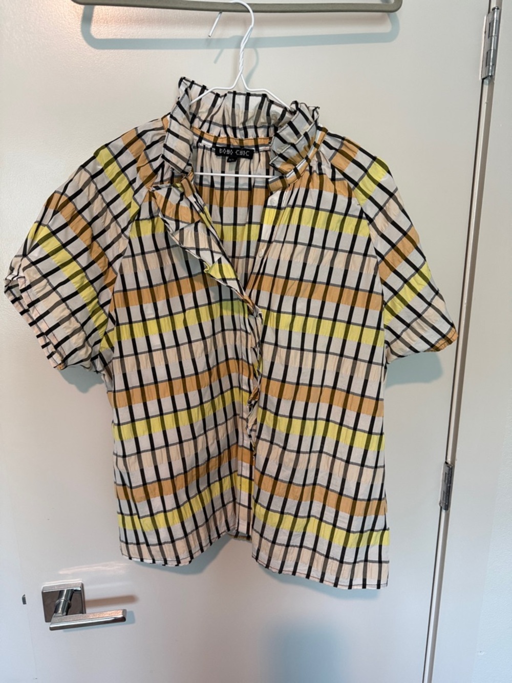 Boden Check Ruffle Collar Short Sleeve Top in Yellow and Tan